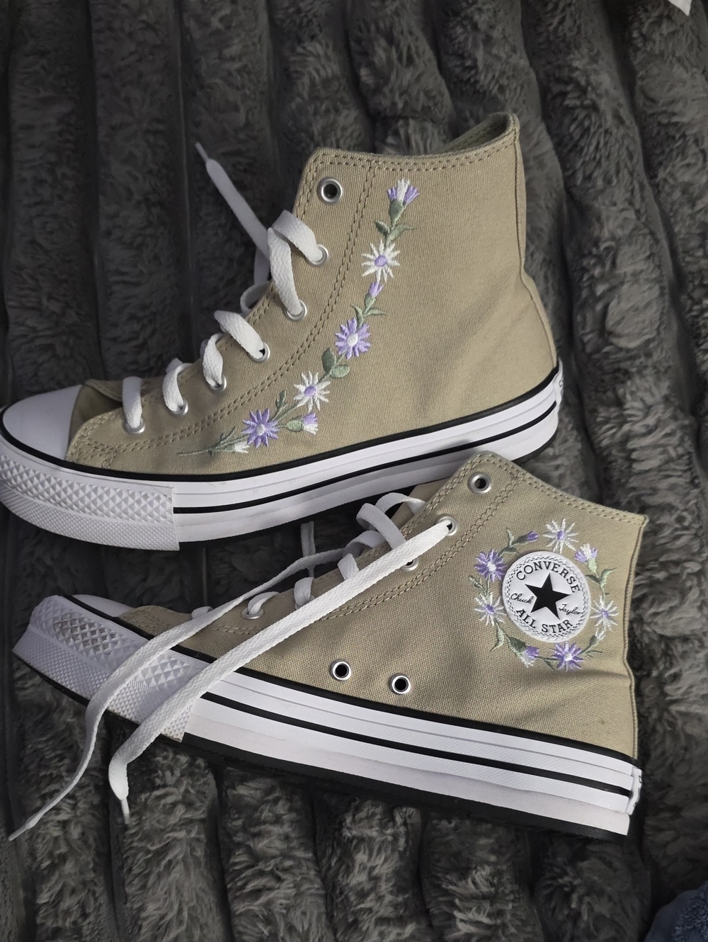 Converse High-Top Sneakers in Light Olive with Lavender Floral Embroidery